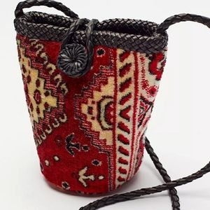 En Shalla Carpet Bucket Bag  Red/BLK/Tan Leather Strap and Trim